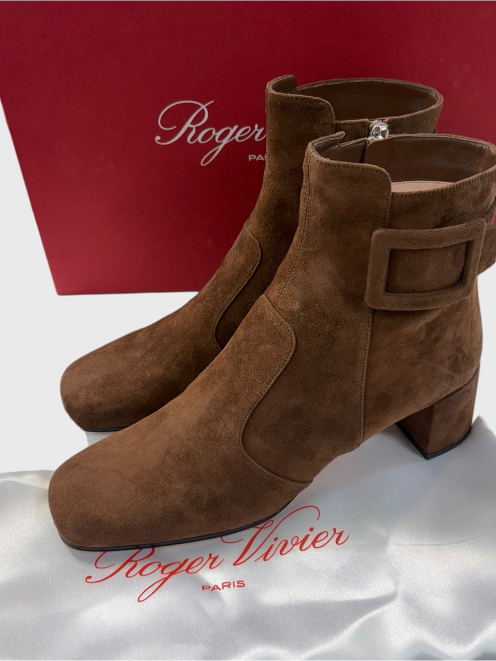 Roger Vivier NEW in Box Tres Polly Dark Brown Suede Booties Size 39